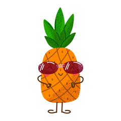 Cute cartoon pineapple fruit in sunglasses. Happy summer design for kids, prints, and decoration. Vector illustration