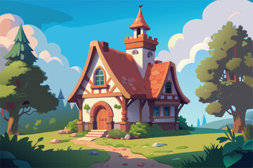 Naklejka premium Fairytale House in a Lush Forest. A Whimsical Cartoon Illustration