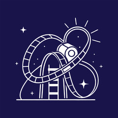 Minimalist rollercoaster illustration on dark blue background with sparkling stars