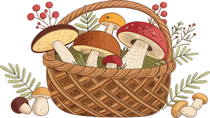 Mushroom in Wicker Basket Detailed Vector Illustration on White Background