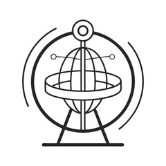 Atomic age iconography minimalist drawing depicting orbiting atom and futuristic globe stand