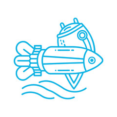 Minimalist blue outline illustration of submarine with waves and robot