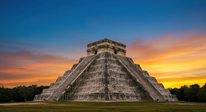 Chichen Itza Pyramid at Sunset in Mexico: A Majestic View of Ancient Mayan Architecture , Chichen Itza, Mayan pyramid, ancient ruins, Mayan architecture, Mexico landmarks, pyramid at sunset