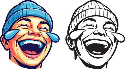 A vibrant vector illustration of a man with tears of joy from laughter, wearing a blue beanie in black and white figure