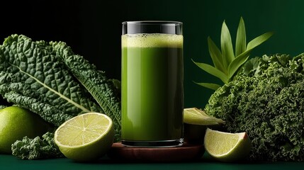 Refreshing green kale juice smoothie with fresh ingredients on a vibrant green backdrop