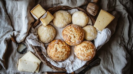 Fototapeta premium Overhead view of round cheese bread arranged in a basket lined with linen, surrounded by baking tools and cheese blocks