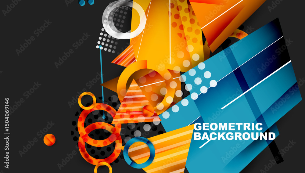 Poster bright geometric shapes overlap, creating dynamic composition. orange, blue, gray dominate design. m