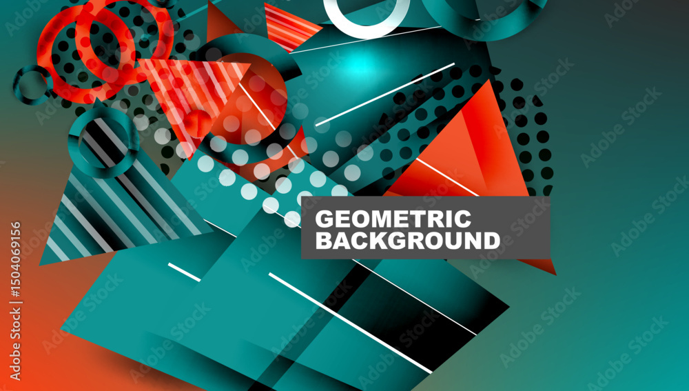 Poster Abstract geometric composition. Teal, red, black shapes overlap creating dynamic visual effect. Modern design elements present.