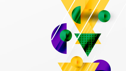 Abstract geometric shapes overlap, creating dynamic composition. Yellow, green, purple hues dominate design. Modern, minimalist aesthetic.