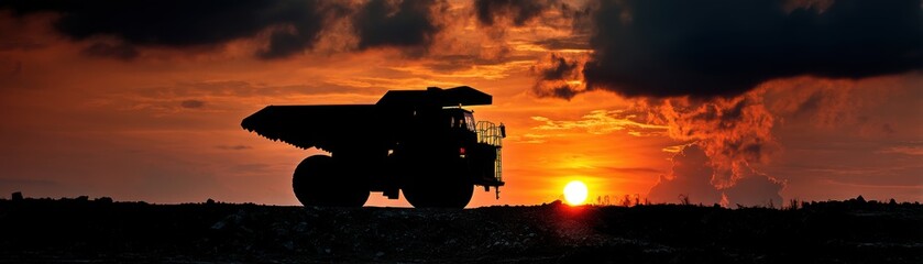 Heavyduty dump truck silhouetted against sunrise on a coal mining field