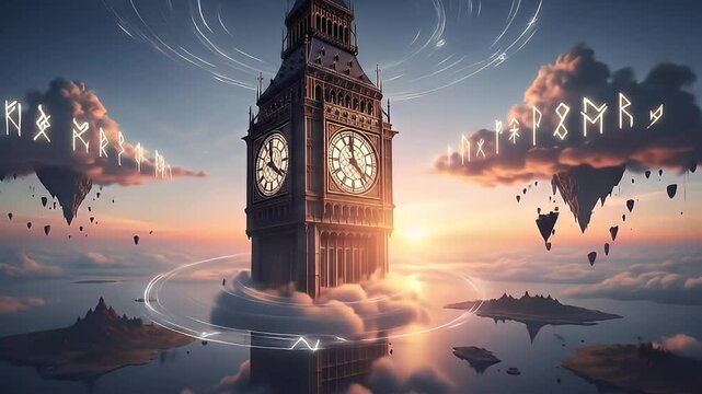 Floating clock tower among drifting sky islands