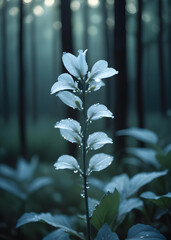 A stalk of light blue and white flowers in the morning forest