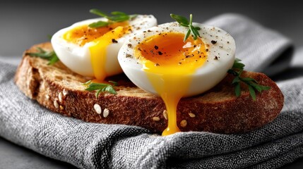 Delicious boiled egg on toasted bread served for breakfast on a white table with a gray background