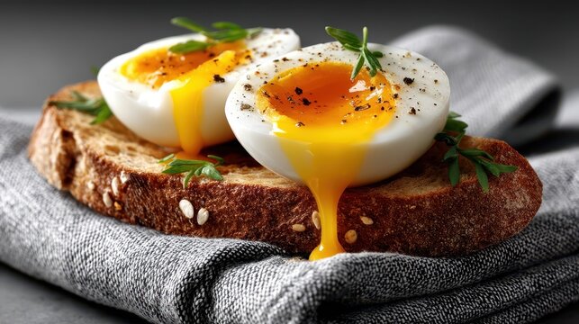 Delicious boiled egg on toasted bread served for breakfast on a white table with a gray background