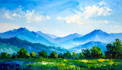 Fototapeta premium Richly colored landscape showcasing distant mountains and lush greenery during a bright day with vibrant skies. Textured oil painting illustration.