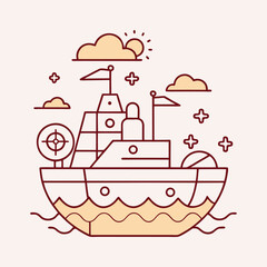 Obraz premium Cute line art illustration of a boat surrounded by clouds and stars