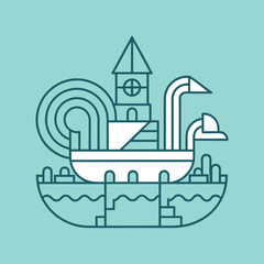 Minimalist line art illustration of a ship with unique architecture on water