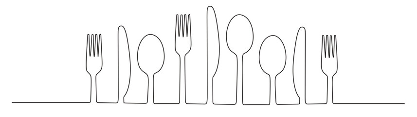 art of a continuous line drawing of a spoon, knife, and fork. this icon is for a restaurant logo sticker or banner