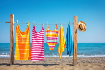 Colorful Beachwear Hanging on Clothesline by the Ocean Under a Bright Blue Sky