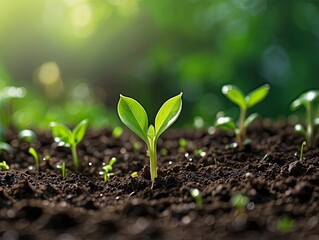 "Green Seedlings Growing in Rich Soil with Sunlight in Nature Garden"
