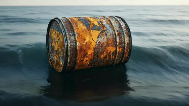 Rusty metal barrel floats in the ocean, creating water pollution and environmental damage from toxic waste and ocean waste.