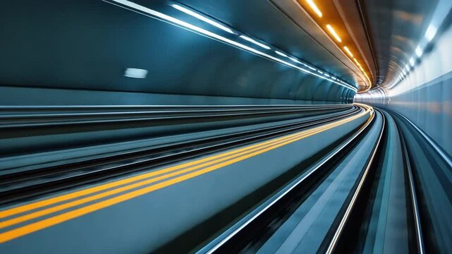 Dynamic View of Modern Tunnel Curved Tracks and Illuminated Walls Evoking Speed and Motion in Futuristic Transportation Architecture