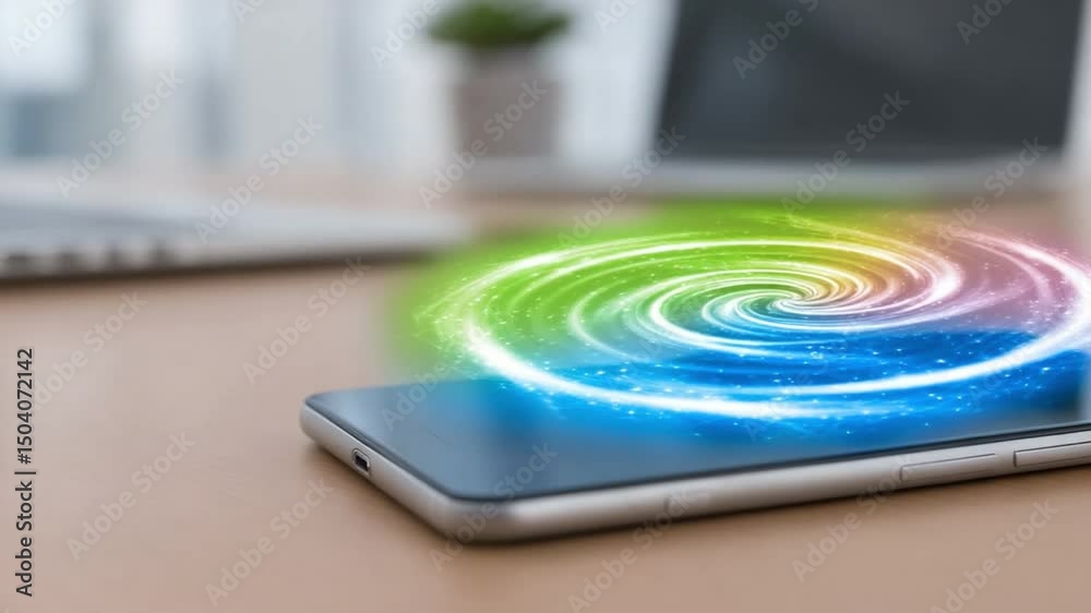 Poster innovation’s gateway: a mobile phone is the central focus of a modern image, with a vibrant, spirali