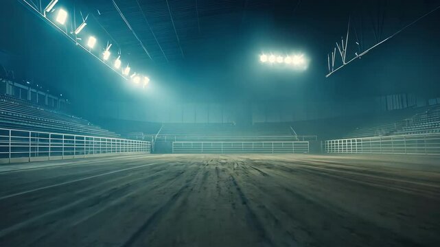 Empty rodeo arena with sand, bright lights and empty seating in a night scene.