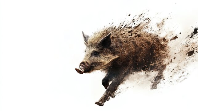 Wild boar in running pose on white background