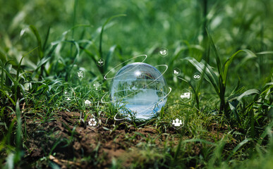 Transparent Sphere on Green Grass with Eco-Friendly Icons Surrounding It