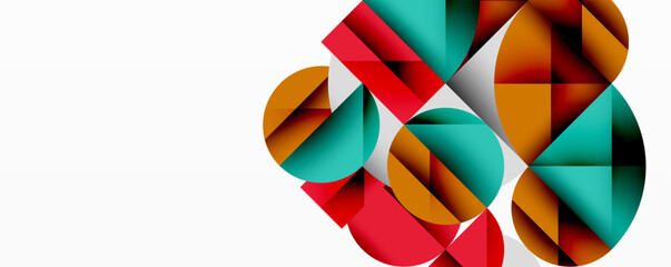 Abstract geometric shapes overlap, creating colorful floral pattern. Red, teal, orange hues dominate white background. Modern design.