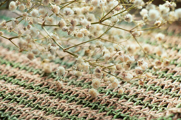 Dry white gypsophila flowers on a straw knitted tablecloth, floristic decor, floral