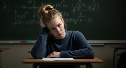 Bored Student in Classroom with Blackboard
