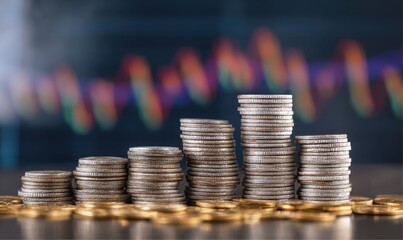 Stacks of coins in ascending order against blurred financial stock chart, showing growth and investment