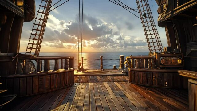 Pirate ship deck view with wood, sea, ocean and sunset horizon. Interior.
