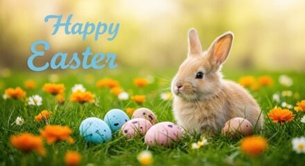  Adorable Baby Rabbit in a Grassy Field with Decorated Easter Eggs and "Happy Easter" Text, Evoking Springtime Joy