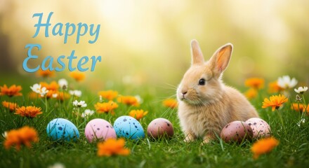  Adorable Baby Rabbit in a Grassy Field with Decorated Easter Eggs and "Happy Easter" Text, Evoking Springtime Joy