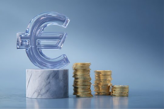 Crystal euro symbol on a marble pedestal next to stacks of gold coins indicating financial growth
