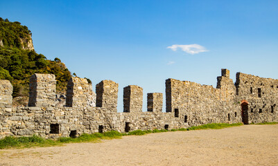 Historic Church of St. Peter in Portovenere, built on rocky cliffs overlooking the Ligurian Sea...