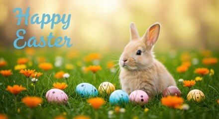  Adorable Baby Rabbit in a Grassy Field with Decorated Easter Eggs and "Happy Easter" Text, Evoking Springtime Joy