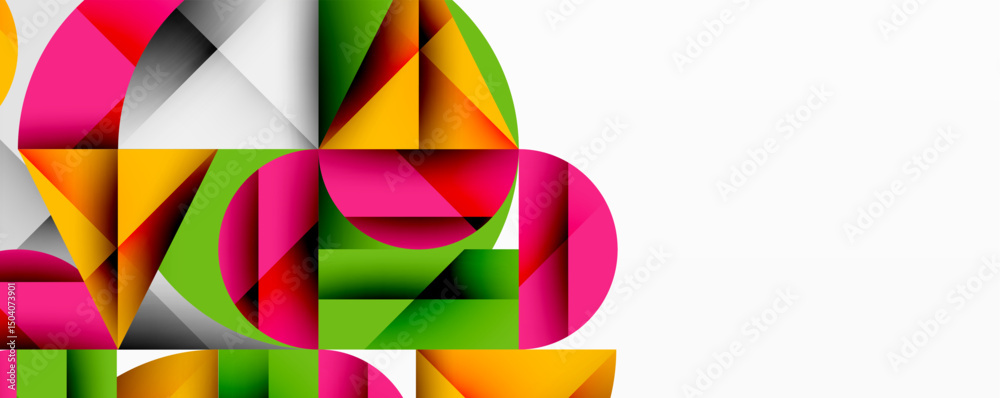 Poster Abstract geometric shapes overlap, creating vibrant colorful pattern. Modern design utilizes bright hues, clean lines.
