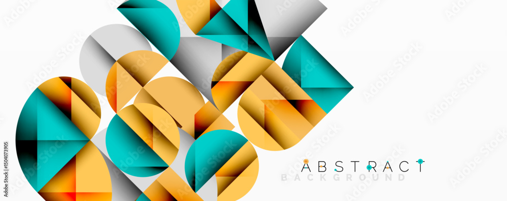 Poster geometric shapes overlap, creating vibrant abstract design. orange, teal, gray tones dominate compos