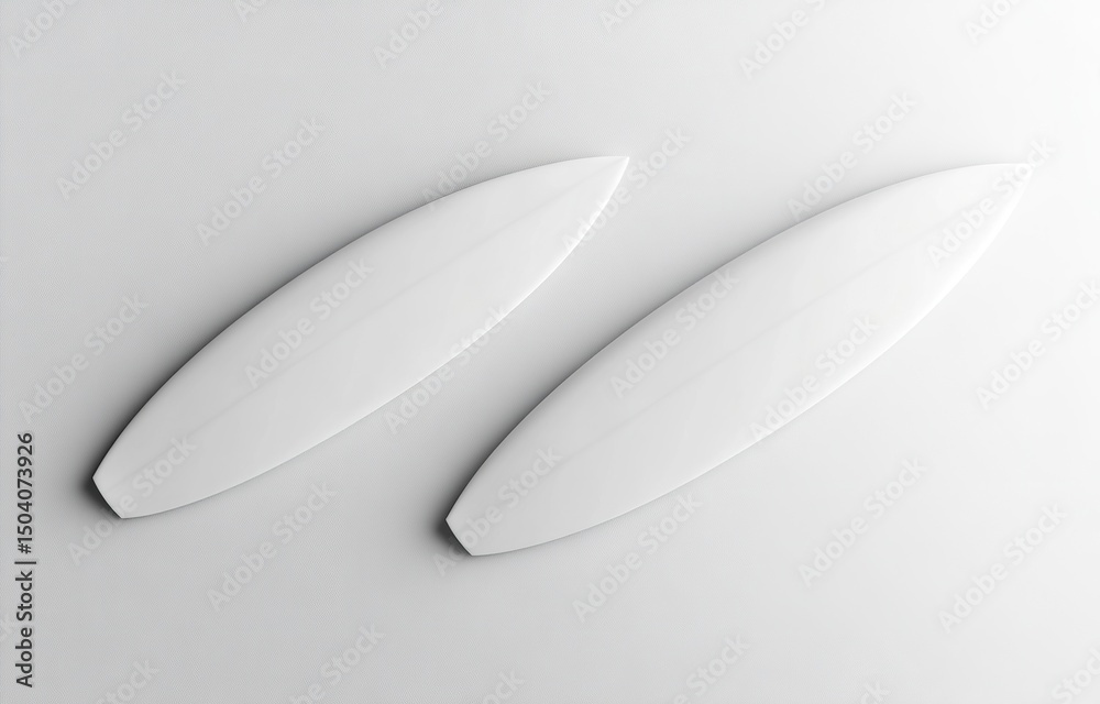 Fototapete top view of two white surfboards mockup, isolated on a light background with soft shadows and highli