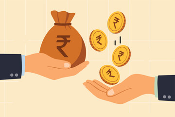 One hand offers a rupee bag while another receives coins, symbolising transactions, payments, donations, or financial exchanges