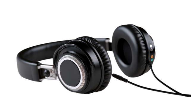 Black Headphones: Sleek black over-ear headphones with circular accents, ideal for music lovers and audiophiles, lie against a neutral backdrop.  