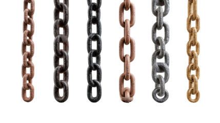 Fototapeta premium Assorted Metal Chains: Various metal chains hang, each with distinct links and textures against a plain backdrop.