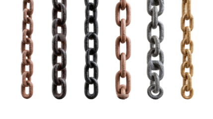 Assorted Metal Chains: Various metal chains hang, each with distinct links and textures against a plain backdrop.