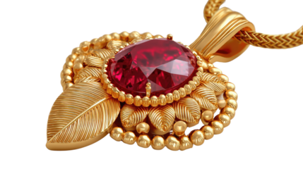 Golden Jewel Elegance: An exquisite pendant necklace with a vibrant red gemstone, surrounded by intricate golden detailing, exudes opulence and timeless beauty.