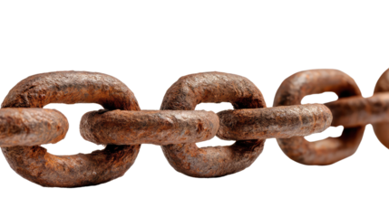 Rusty Chain: A close-up shot captures a section of a weathered, rusty chain, the links worn and aged with a rich texture, symbolizing strength, connection, and the passage of time.
