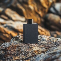 Black perfume bottle on rocky surface outdoors